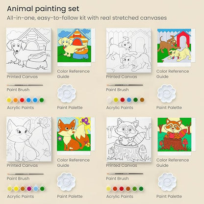 ARTEZA Kids Animals Painting Kit, 4 Canvases 8 x 8 Inches, 24 Acrylic Paints, 4 Paint Brushes, 4 Palettes, Kids Activities Ages 6 and Up