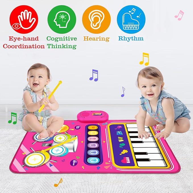 Toys for 1 Year Old Girl Gifts: Baby Piano Mat Toddler Toys Age 1-2 - 2 in 1 Piano Drum Babies Music Mat - Infant Musical Toy 12-18 Months Babies Birthday Easter Gifts for 1 2 3 Year Old Boys Girls