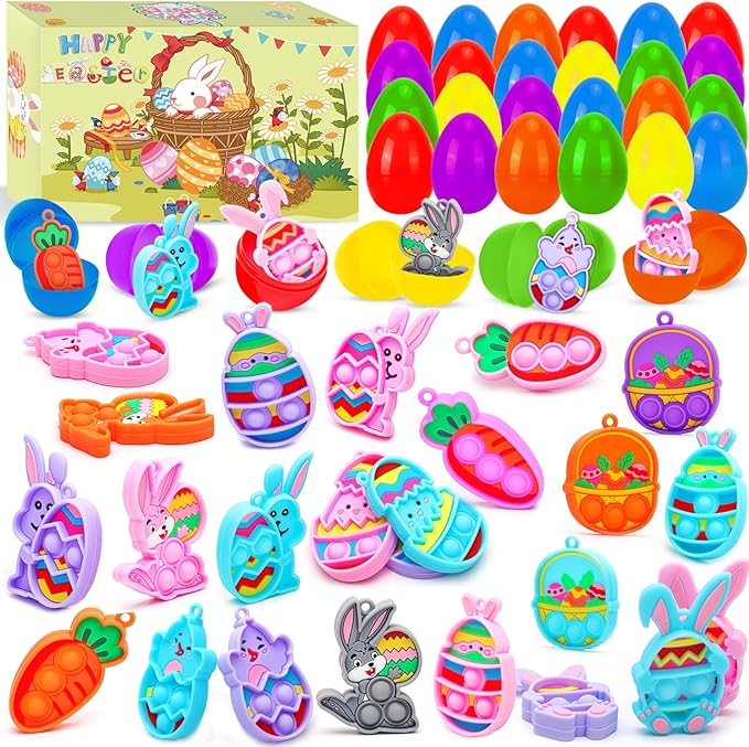 LUBUYILD 24PCS Easter Eggs with Pop Fidget Toys Keychains for Kids Girls Boys Easter Basket Stuffers, Egg Hunt Prizes and Party Favors