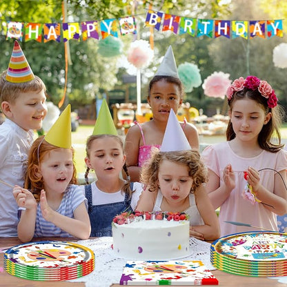 Art Party Kit for 24 Guests - 97 Pcs Including Plates, Forks, Napkins, Bunting - Unleash Imagination with Colorful Artist's Tableware