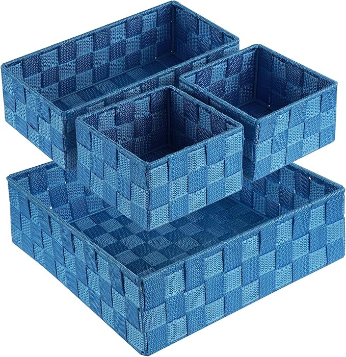 Posprica Woven Storage Baskets for Organizing, Small Black Baskets Cube Bin Container Tote Organizer Divider for Drawer, Closet, Shelf, Dresser, Set of 4(Navy)