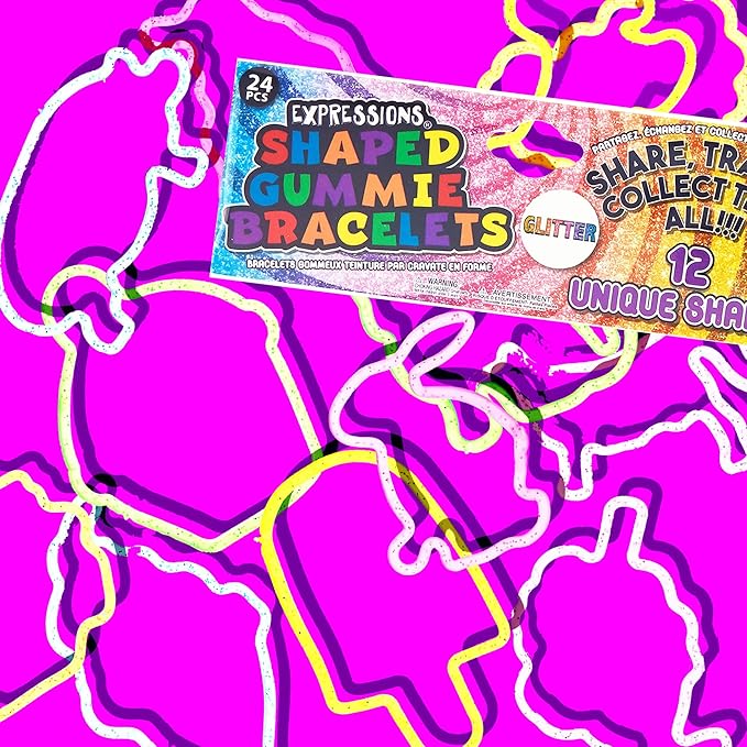 Expressions 48pc Shaped Gummie Bracelets - Bulk Pack Colorful Pastel Glitter Rubberband Bracelets, Kids Party Favors & Bracelet Kit
