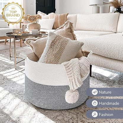 INDRESSME XXXLarge Cotton Rope Basket 21.7" x 21.7" x 13.8" Woven Baby Laundry Baskets Blanket Basket Toy Baskets with Handle Storage Comforter Cushions Navy Laundry Hamper