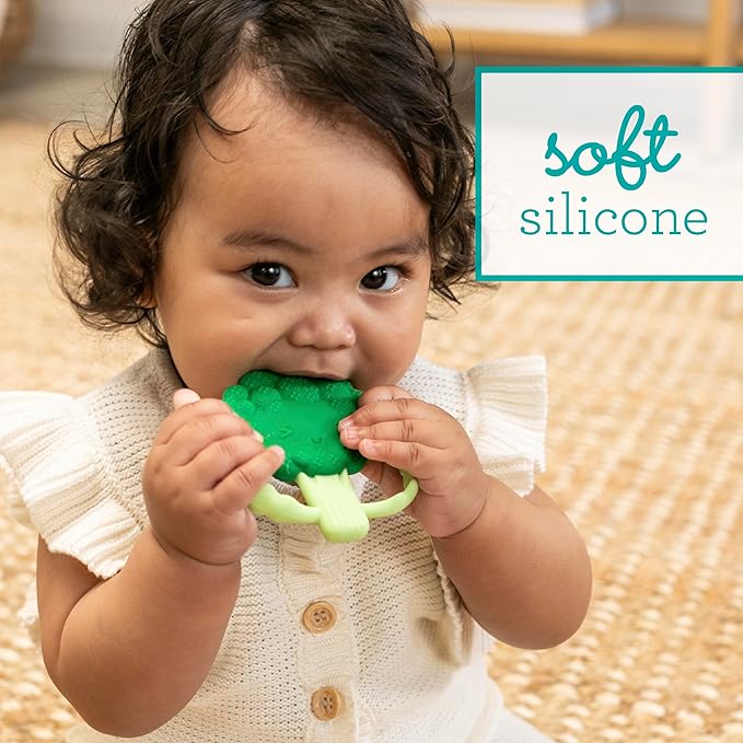 Infantino Lil' Nibbles Textured Silicone Baby Teether - Sensory Exploration and Teething Relief with Easy to Hold Handles, Green Broccoli, 0+ Months