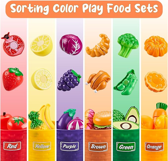 Play Food Sets for Kids Kitchen, 77Pc Color Sorting Toy Food with Storage Basket, Cutting Pretend Fake Food Kitchen Toys, Play Kitchen Accessories, Educational Toddler Gift 4-8 Learning Toys