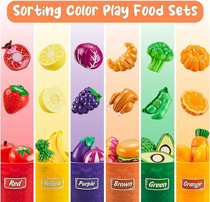 Play Food Sets for Kids Kitchen, 77Pc Color Sorting Toy Food with Storage Basket, Cutting Pretend Fake Food Kitchen Toys, Play Kitchen Accessories, Educational Toddler Gift 4-8 Learning Toys