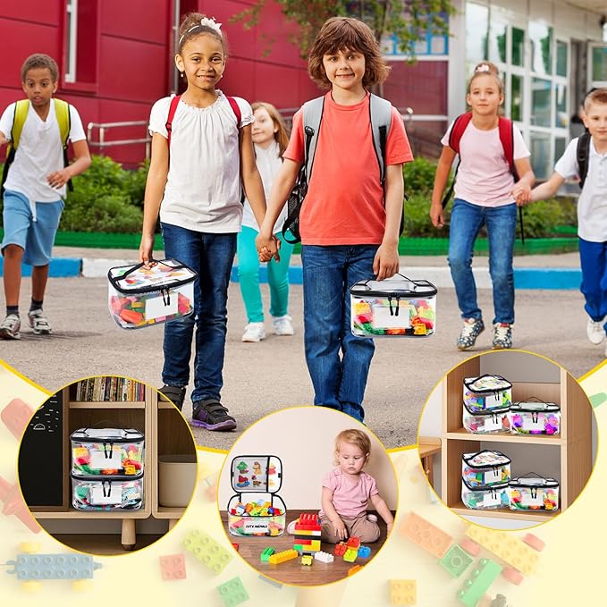 Tesuko 6 Pack Clear Toy Storage Bag with Name Tag& Manual Pocket, Waterproof Transparent PVC Toy Organizer Case for Lego Bricks, Board Games, Building Blocks, Puzzles (Large Capacity, Black)