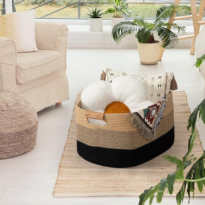 danpinera Large Blanket Basket for Living Room,72 L Rectangle Toy Storage Basket for Nursery Room, Woven Rope Storage Box with Leather Handle, 22’’*17’’*11.8’’, Gradient Linen