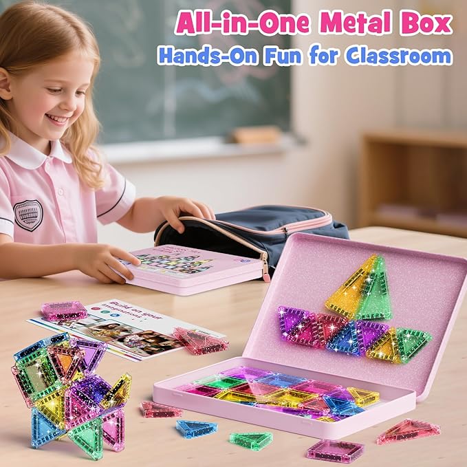 WMXDU 42-Piece Glitter Magnetic Tiles Travel Set with Pink Metal Box - Portable STEM Building Blocks for Kids Ages 3-8 Boys & Girls STEM Montessori Educational Toys for Airplane Car Rides