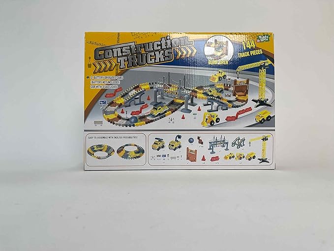 Construction Race Tracks Set, Flexible Train Tracks w/ 2 Electric Construction Race Vehicles w/Lights, STEM Engineering Race Track Toys with Dump Truck, Crane Assort Acessories for Boys Girls