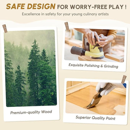 BIERUM Play Kitchen with Realistic Lights & Sounds, Wooden Kitchen Playset Chef Pretend Play Set for Toddlers, Toy Kitchen with 26 Pcs Toy Food & Cookware Accessories, Gift for Ages 3+