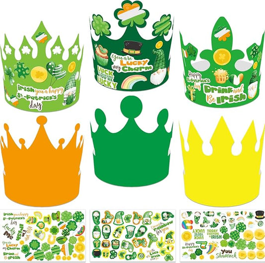 WorldBazaar St. Patrick's Day Crown Hat Craft for Kids 24 Pack Lucky Shamrock Clover Paper Hat with Stickers Green Irish Classroom Family Party Favors Supplies