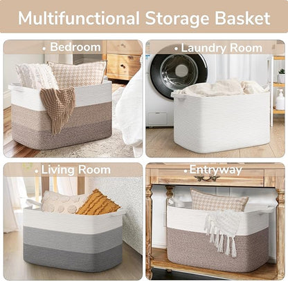 Goodpick Large Woven Blanket Basket 23.6" x 15.7" x 13.8" Cotton Rope Storage Organizer for Dirty Clothes Pillows, Soft Toy Storage Basket for Nursery Home Decor, White & Light Brown
