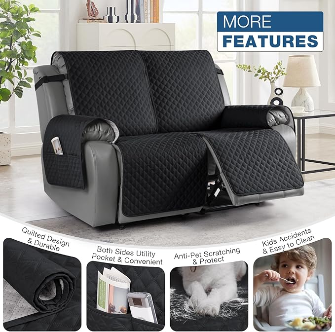 TAOCOCO Waterproof Recliner Loveseat Cover Non-Slip Sofa Slipcover, Pet Couch Cover for Loveseat Recliner with Straps, Washable Reclining Loveseat Cover Furniture Protector (2 Seater, Black)