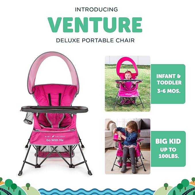Baby Delight Go with Me Venture Portable Chair | Indoor and Outdoor | Sun Canopy | 3 Child Growth Stages | Pink