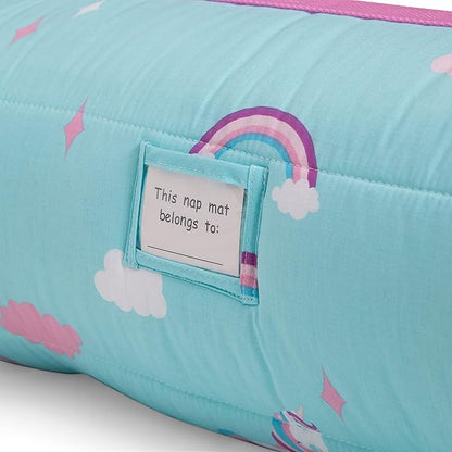 Delta Children Nap Mat - Includes Pillow & Blanket for Toddlers and Kids; Features Carry Handle w/Strap Closure and Name Tag; Rollup Design is Ideal for Preschool and Daycare; Personalization Optional