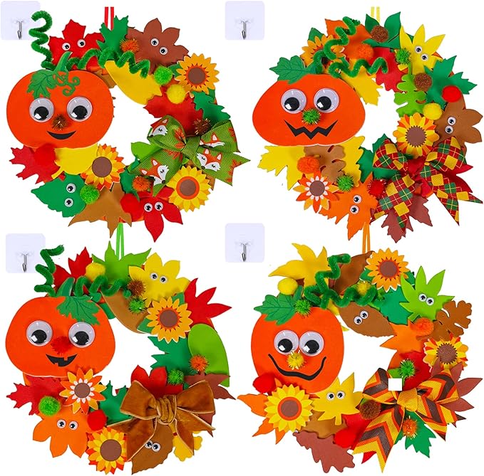 Winlyn 12 Sets Fall Craft Kits Kids Thanksgiving Halloween Pumpkin Crafts DIY Fall Foam Wreath Signs Decorations Art Sets Autumn Leaf Pumpkin Stickers Arts and Crafts for Kids Classroom Acitivities