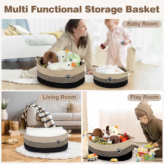 Optish Dog Toy Basket, Toy Box and Bin for Dog Cat Storage, 19.7" X 11" X 7.9" (30L) Large Woven Rope Basket for Blanket Storage, Living Room, Bedroom, Black & Brown