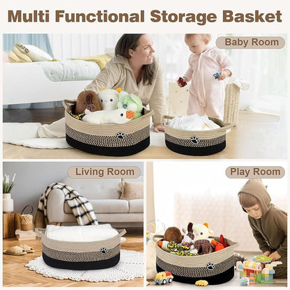 Optish Dog Toy Basket, Toy Box and Bin for Dog Cat Storage, 19.7" X 11" X 7.9" (30L) Large Woven Rope Basket for Blanket Storage, Living Room, Bedroom, Black & Brown