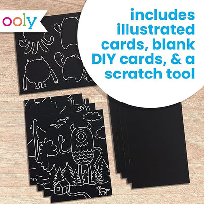 Ooly Scratch & Scribble 10pc Art Kit with 8 Total Scratch Cards (4 Illustrated, 2 Blank, 2 Rainbow) with Scratching Tool and Sparkled Stickers, Art Set Gifts for Kids - Monster Pals