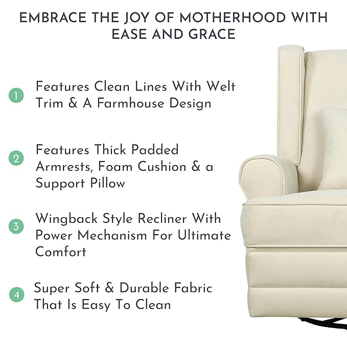 Melbourne Upholstered Seating Wing Back Glider Swivel, Nursery Glider Chair in Shell, Greenguard Gold Certified Modern Nursery Recliner with a Bonus Pillow, Tool-Free Assembly, Easy to Clean