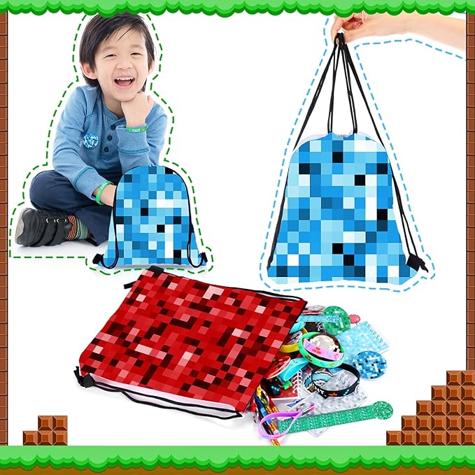 Paterr 103 Pcs pixel Birthday Party Favor Supplies Include Drawstring Bags Silicone Bracelets Badge Buttons Spiral Notebooks Pencils Bookmarks and Stickers for Carnival Prizes Gift Decorations