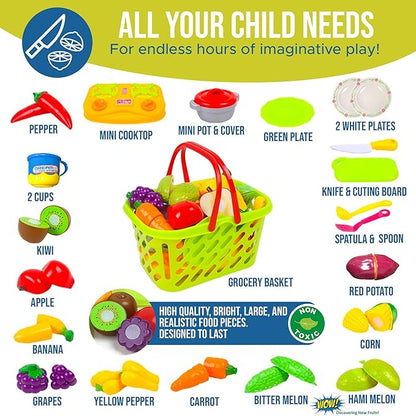 FUNERICA Durable Cuttable Play Food Grocery Shopping Basket, Kids Play Fruits and Vegetables Sets with Mini Cooking Top, Pot, Dishes, and Utensils Kids Kitchen Toys
