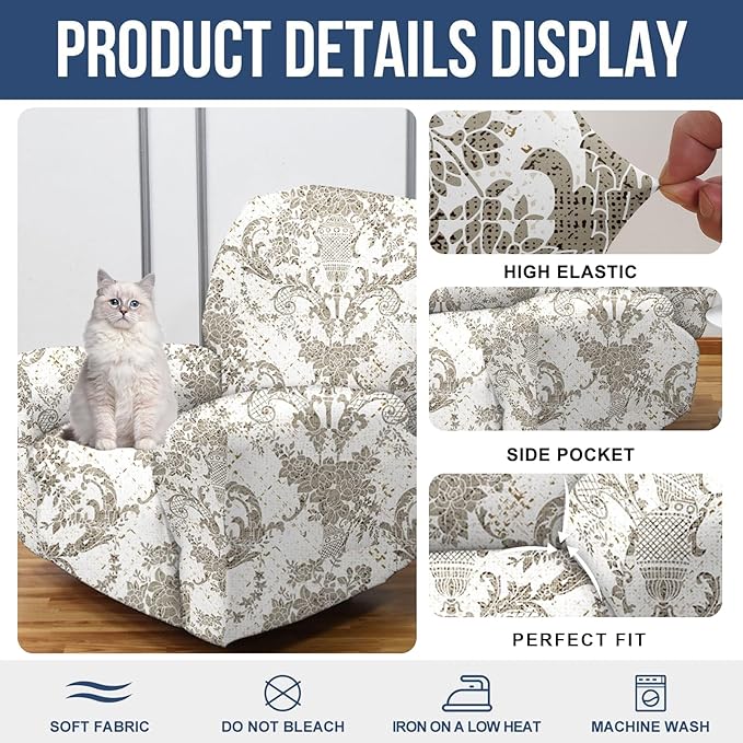 NILUOH Recliner Covers 4-Pieces Stretch Lazy Boy Recliner Chair Covers with Pocket Floral Pattern Reclining Slipcovers Soft Sofa Slipcover Furniture Protector for Pets Kids (Recliner, Pattern 34)