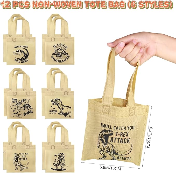 Golray 48Pcs Dinosaur Party Favors Dino Tote Non-woven Bags Dinosaur Keychain Slap Bracelets Glow In Dark Tattoos for Boy Kids Dinosaur Themed Birthday Party Supplies Treat Gift Goodie Bag Fillers
