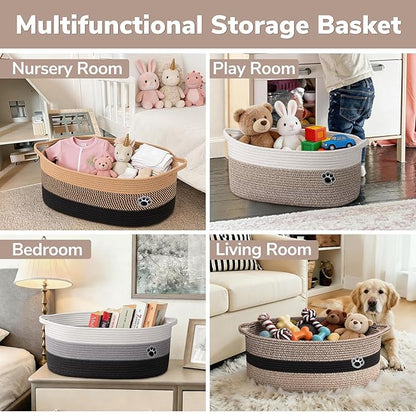 Large Dog Toy Basket, 19.7" X 11" X 7.9" Woven Rope Basket for Toy Storage, Dog Storage Bins with Handles, Gift Baskets Empty for Baby Shower, Mixed-Brown
