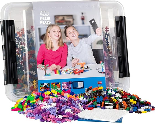 Plus-Plus - 2,400 Pieces in Storage Tub - Basic, Neon & Glitter Mix w/ 2 Baseplates - Construction Building Stem/Steam Toy, Kids Mini Puzzle Blocks
