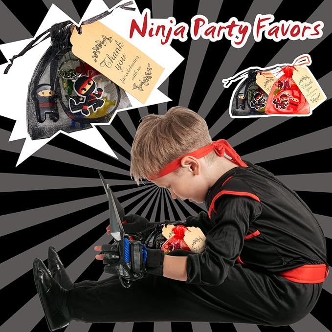 84 Pcs Ninja Party Favors Include 12 Stretchy Flying Ninjas, 24 Mini Ninja Figurines, 12 Ninja Silicone Wristbands, 12 Ninja Keychains, 12 Red and Black Organza Bags and 12 Gift Tags for Birthday