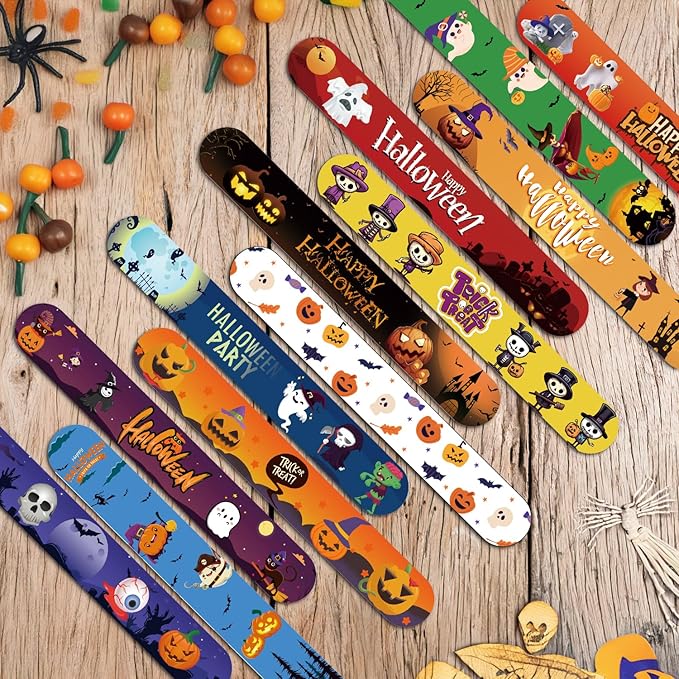 48 Pcs Halloween Slap Bracelets, 12 Styles for Halloween Party Favors, Assorted Bulk Pumpkin Zombie Witches Snap Bracelet Wristbands for Kids Halloween Party Gift Bag Filler Supply