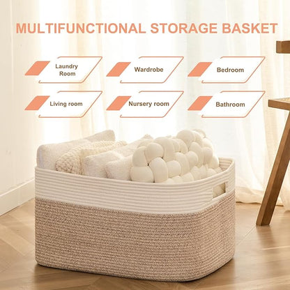 75L Large Cotton Rope Basket, Soft Toy Storage Bin for Nursery & Living Room, Decorative Blanket Basket for Bedroom, Baby-Safe Organizer for Pillows &Laundry, 22''×17''×12'', Brown and White