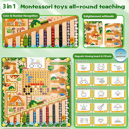 Magnetic Color and Number Maze Montessori Toys for 3+ Year Old Kids Wooden Drawing Board with Magnetic Beads Educational Learning Toys Counting Matching Toys