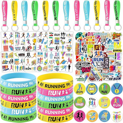 98 PCS Running Party Favors, Running Temporary Tattoos Badges Stickers Silicone Bracelets Keychains for Running Marathon Sport Birthday Party Decorations Supplies Gifts for Runners Kids Teens