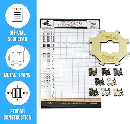 Regal Games Mexican Train Domino Expansion Set - 8 Metal Marker Trains with Unique Finishes - Replacement Wooden Hub - Scoresheet