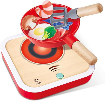 Hape: Interactive Stove Set - Light & Sound, Wooden Cooking Kitchen Play Set, 7pc Felt Food Accessories, Chef Realistic Pretend Play Toy, Kids Ages 3+