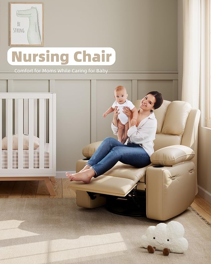 27'' Leather Recliner Chair Oversized, Overstuffed Manual Recliner Chair, Single Sofa for Adults, with Cup Holder and Side Pockets, for Living Rooms, Max Weight 400 lbs, Creamy