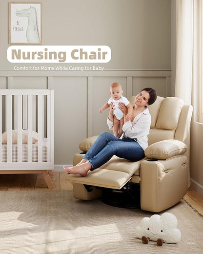 22'' Leather Recliner Chair for Adults, Overstuffed Manual Recliner Chair, Single Sofa with Cup Holder and Side Pockets, Upholstered Chair for Living Rooms, Creamy