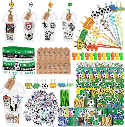Soccer Party Favors 184 Pcs Soccer Birthday Party Decoration With Cups Straws Slap Bracelets Whistles Wristbands Keychains Stickers Thank you Tags for Sports Party Supplies (Soccer)