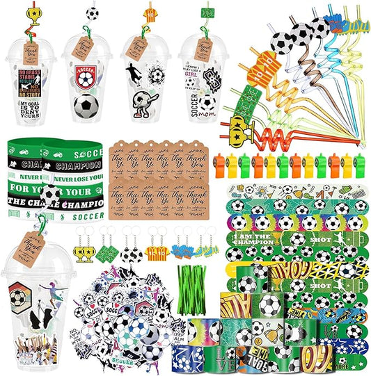 Soccer Party Favors 184 Pcs Soccer Birthday Party Decoration With Cups Straws Slap Bracelets Whistles Wristbands Keychains Stickers Thank you Tags for Sports Party Supplies (Soccer)