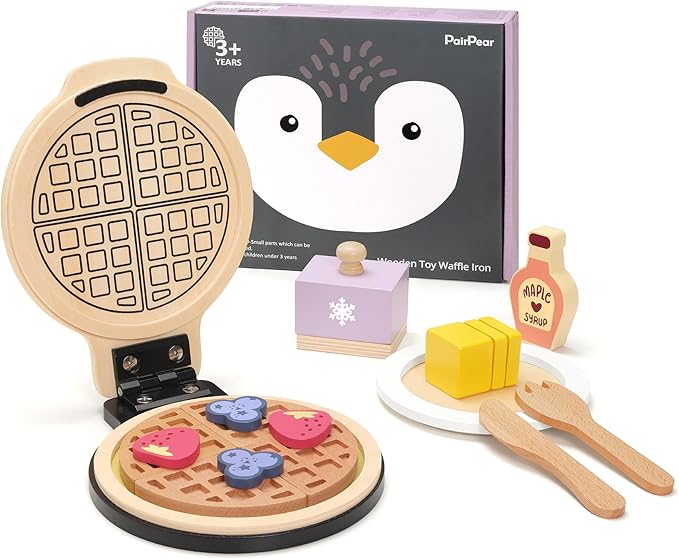 PairPear Wooden Waffle Maker Toy Food Playset, Kids Pretend Play Food Kitchen Accessories, Wooden Cooking Toy Baking Playset, Toddler Play Breakfast Brunch Tea Sets Cutting Food Gift for Girls Boys 3+