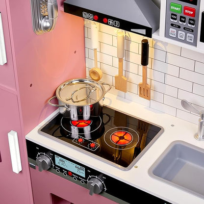 Lil’ Jumbl Kids Pink Kitchen Set, Pretend Wooden Play Kitchen, Battery Operated Icemaker, Microwave, Range Hood, Stove Top, Oven, with Realistic Sound & Lights, Pots, Pan, & Utensils Included