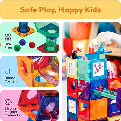 PicassoTiles 70 PCs Marble Run Maze Race Track Magnetic Tiles Magnet Building Block Educational Construction Toy Playset STEM Learning Kit Child Brain Development Hand Eye Coordination Training PTG70