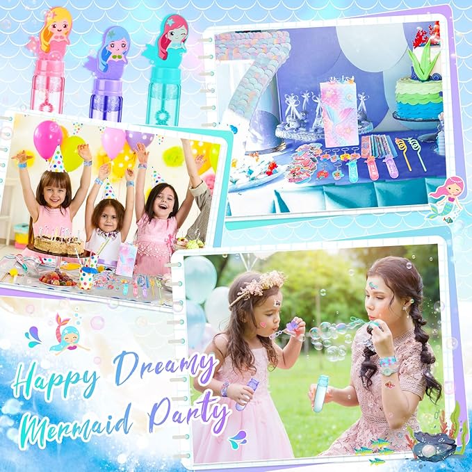 110 Pcs Mermaid Party Favors Birthday Decoration Party Supplies Mermaid Bubble Wands Straws Keychains Bag Snap Bracelet Stickers Fillers