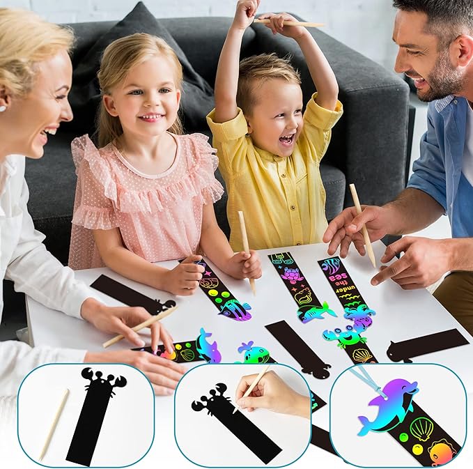 BeYumi 60Pcs Sea World Animals Scratch Bookmarks for Kids DIY Under The Sea Magic Art Rainbow Color Paper Craft Kit Summer Party Favors Birthday Gifts School Classroom Activity Art Project Supplies
