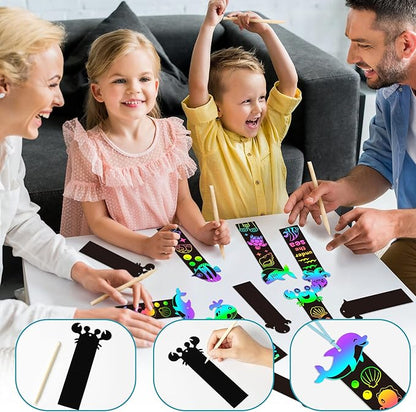 BeYumi 60Pcs Sea World Animals Scratch Bookmarks for Kids DIY Under The Sea Magic Art Rainbow Color Paper Craft Kit Summer Party Favors Birthday Gifts School Classroom Activity Art Project Supplies