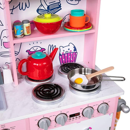 Lil' Jumbl Kids Kitchen Set, Pretend Wooden Play Kitchen, Battery Operated Icemaker & Microwave with Realistic Sound, Pots & Pan Included - Pink