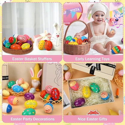 Augshy 14 PCS Egg Shakers Percussion Musical Egg Maracas Easter Egg Kids Toys （Wooden)